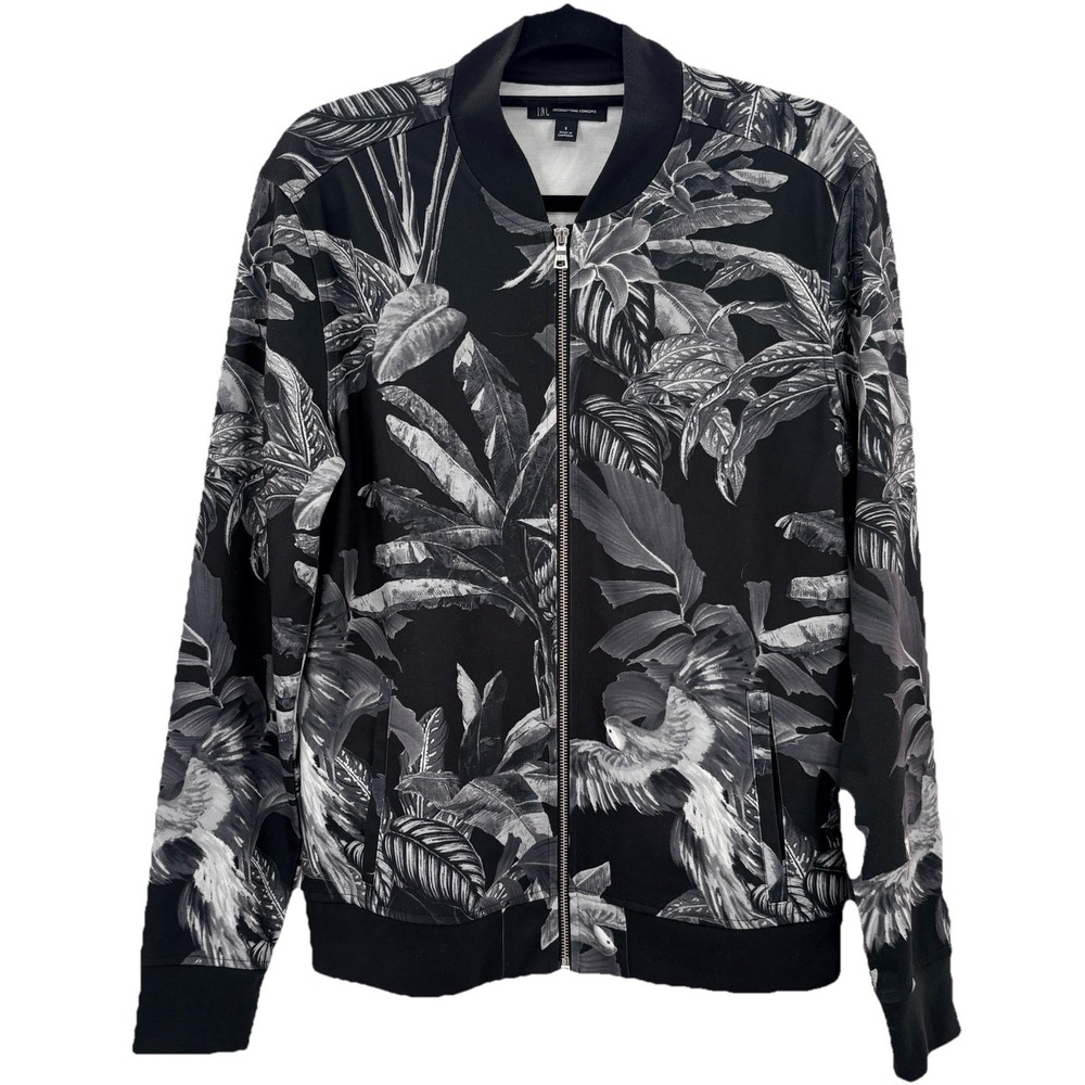 INC International‎ Concepts Jacket Women S Floral Black Gray Tropical Bird Print